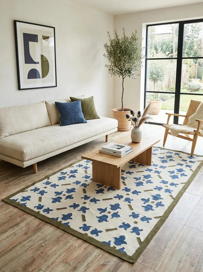 French Blue Fleur Classic Ivory Cream & Cobalt Blue Wool Cotton Dhurrie Rug