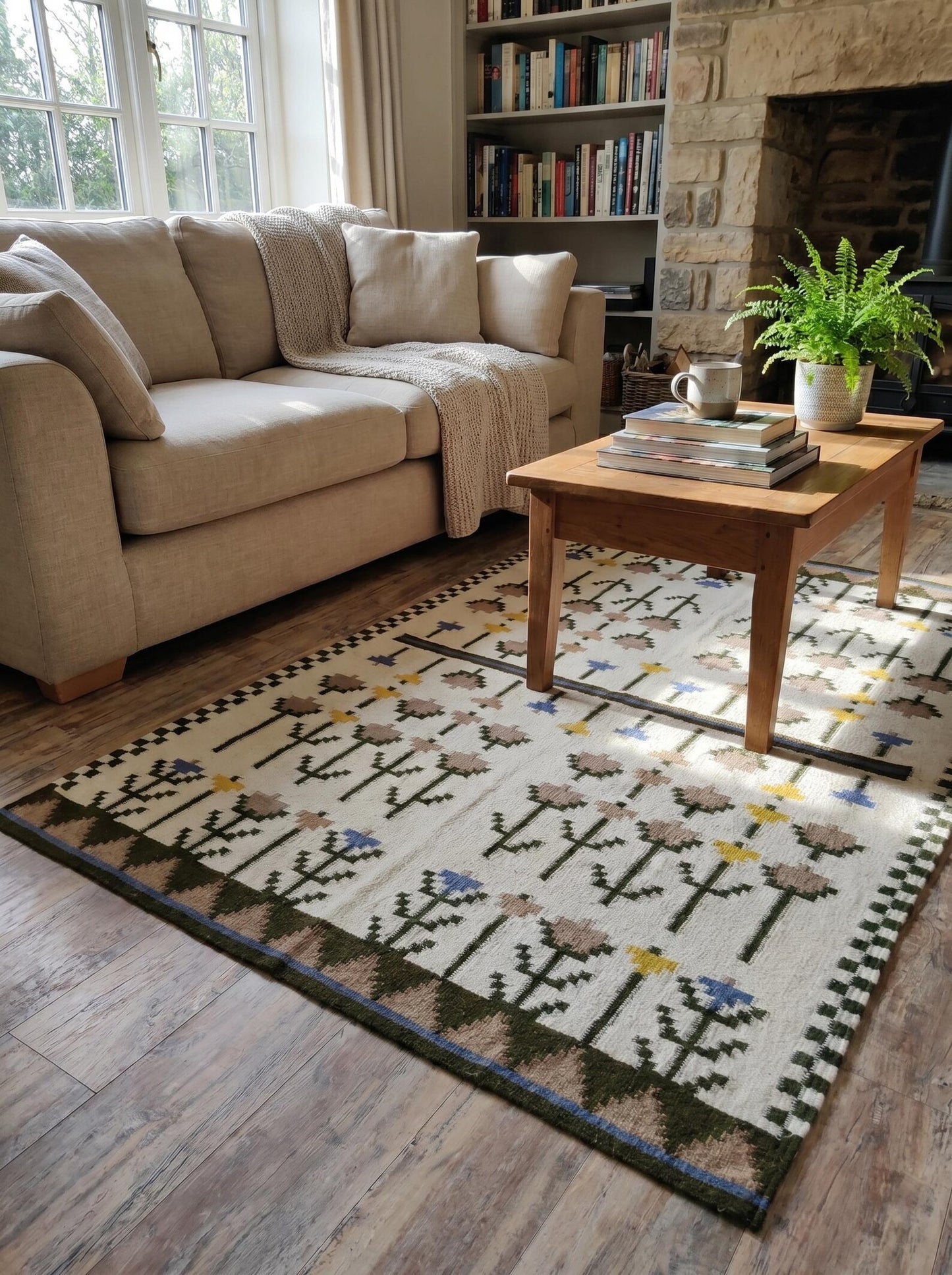 Nordic Thistle Garden Olive Green & Muted Yellow Wool Cotton Dhurrie Rug