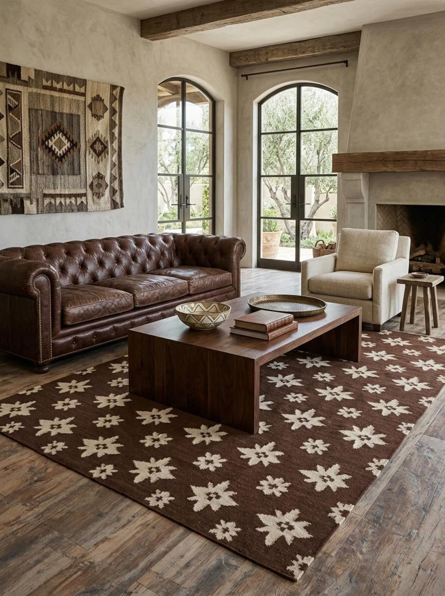 Chestnut Starburst Blossom Earthy Brown & Cream Wool Cotton Dhurrie Rug