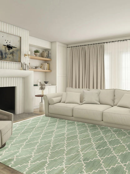 Geometric Zen Trellis Sage Stepped Diamond Cotton Flatweave Rug