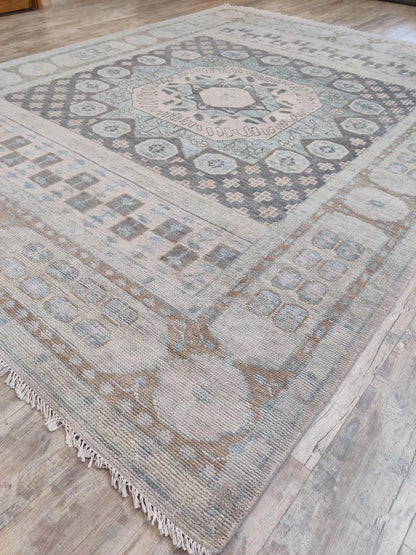 Hand-Knotted Muted Mamluk Octagonal Wool Carpet Rug