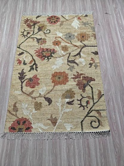 Rustic Floral Flat Weave Handmade  jute Carpet