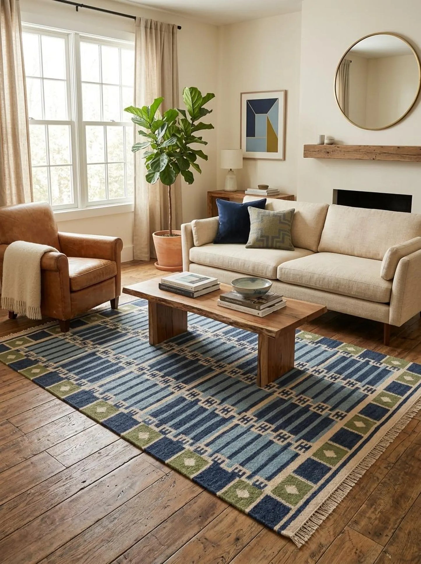 Caspian Tile Lattice Blue & Green Wool Cotton Dhurrie Rug