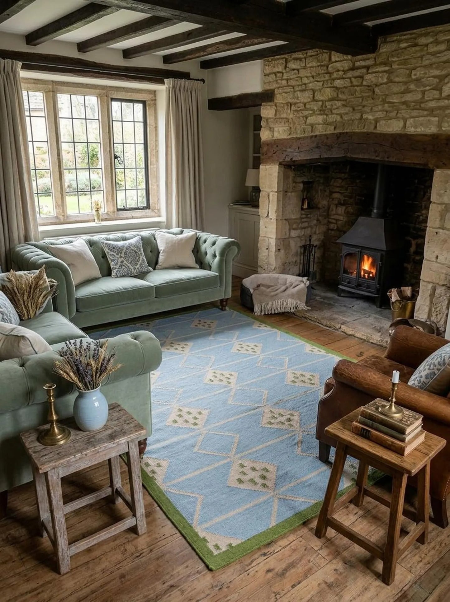 Azure Diamond Lattice Modern Powder Blue & Green Wool Cotton Dhurrie Rug