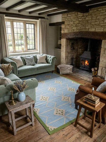 Azure Diamond Lattice Modern Powder Blue & Green Wool Cotton Dhurrie Rug