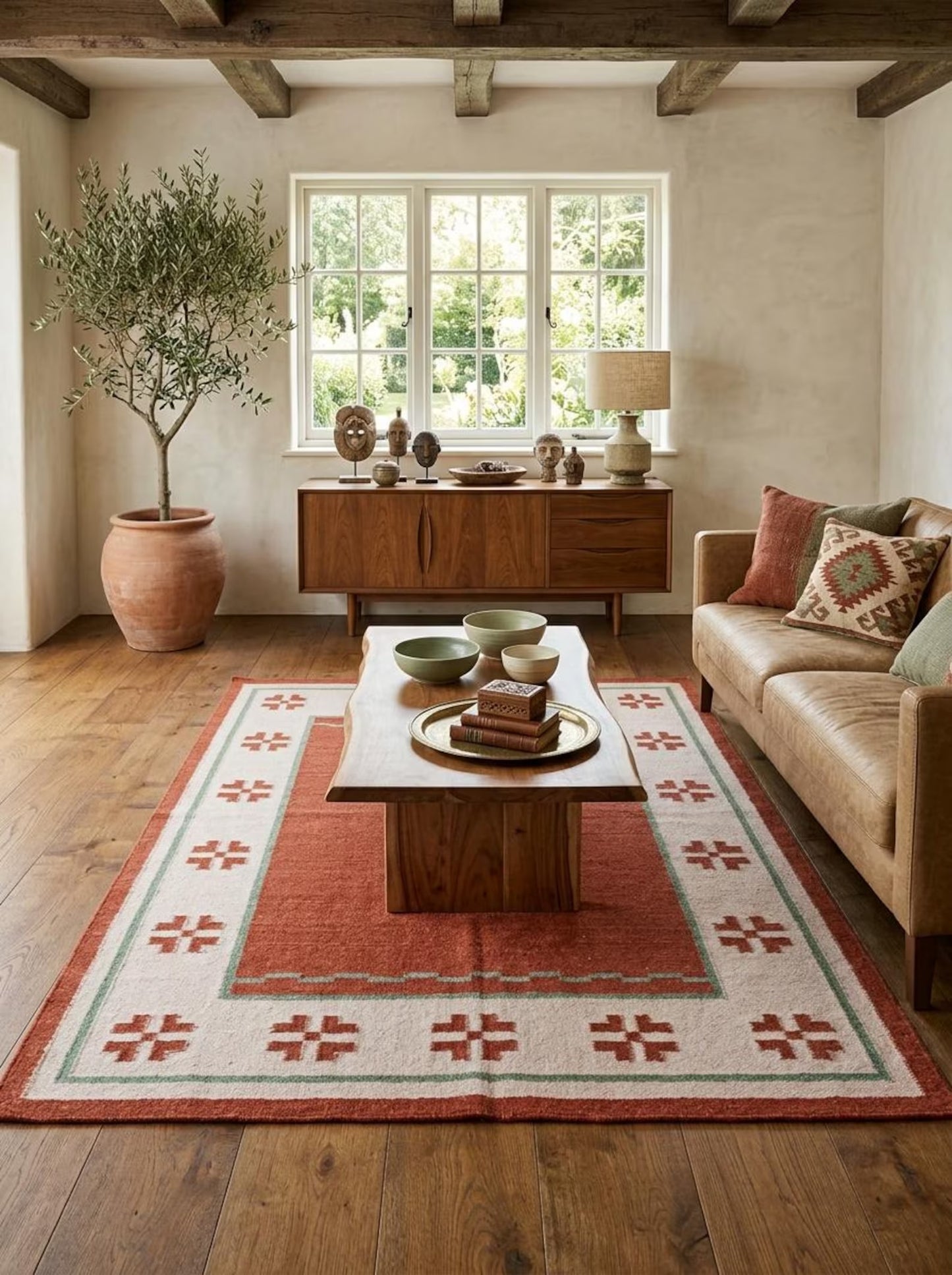Terracotta Oasis Border Rust Red & Cream Wool Cotton Dhurrie Rug