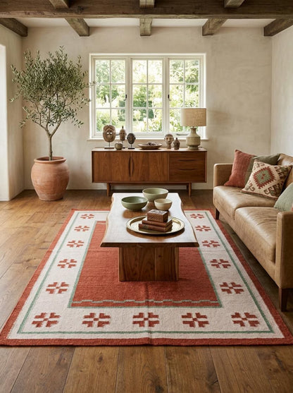 Terracotta Oasis Border Rust Red & Cream Wool Cotton Dhurrie Rug