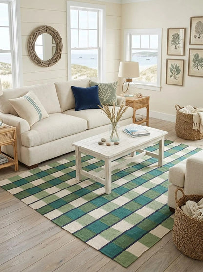 Forest Gingham Plaid Green Checkered Wool Cotton Dhurrie Rug