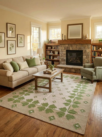 Lilac Meadow Pastel Blush Pink & Sage Green Wool Cotton Dhurrie Rug