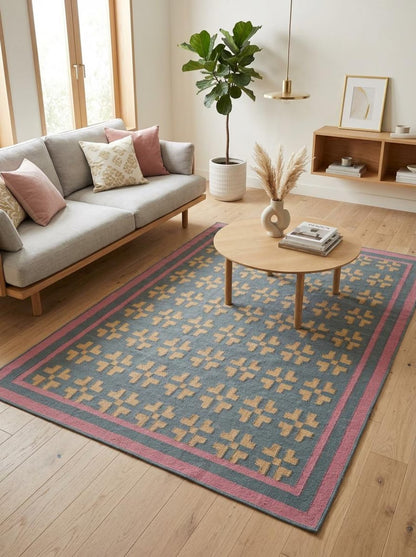 Slate Cross & Rose Border Modern Blue & Pink Wool Cotton Dhurrie Rug