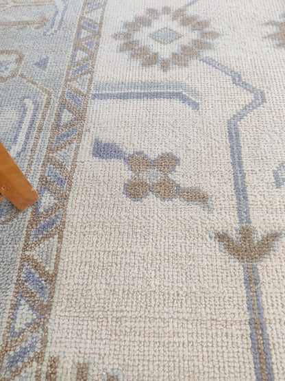 Soft Slate and Cream Hand-Knotted Botanical Rug