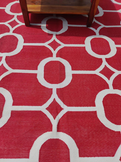 Modern Red Octagon Artisan Crafted Reversible Cotton rug