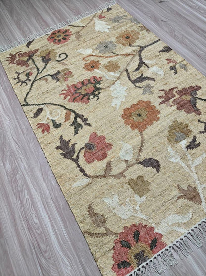 Rustic Floral Flat Weave Handmade  jute Carpet