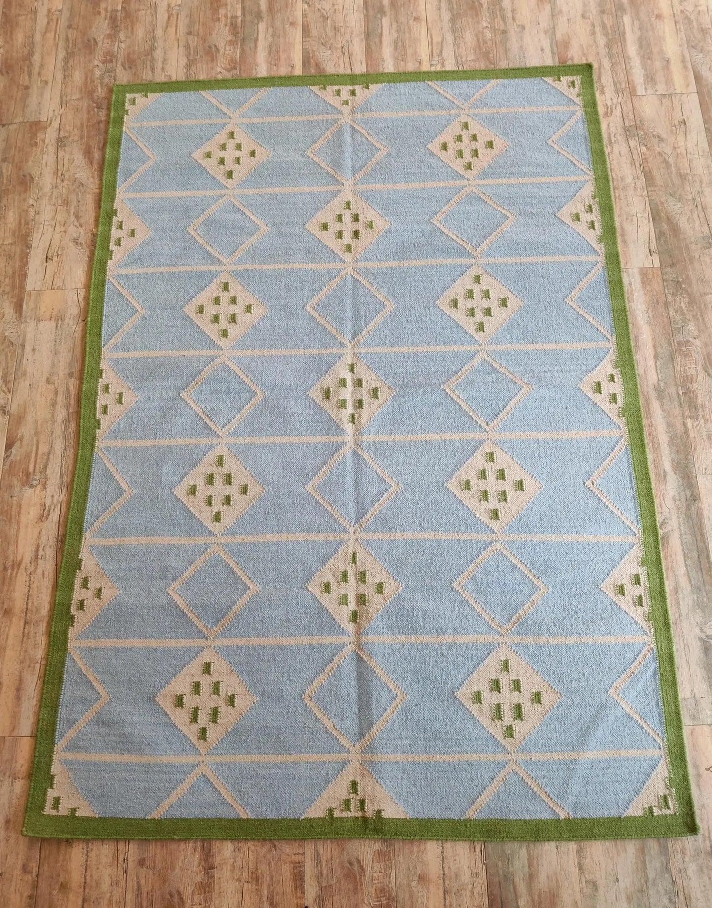 Azure Diamond Lattice Modern Powder Blue & Green Wool Cotton Dhurrie Rug