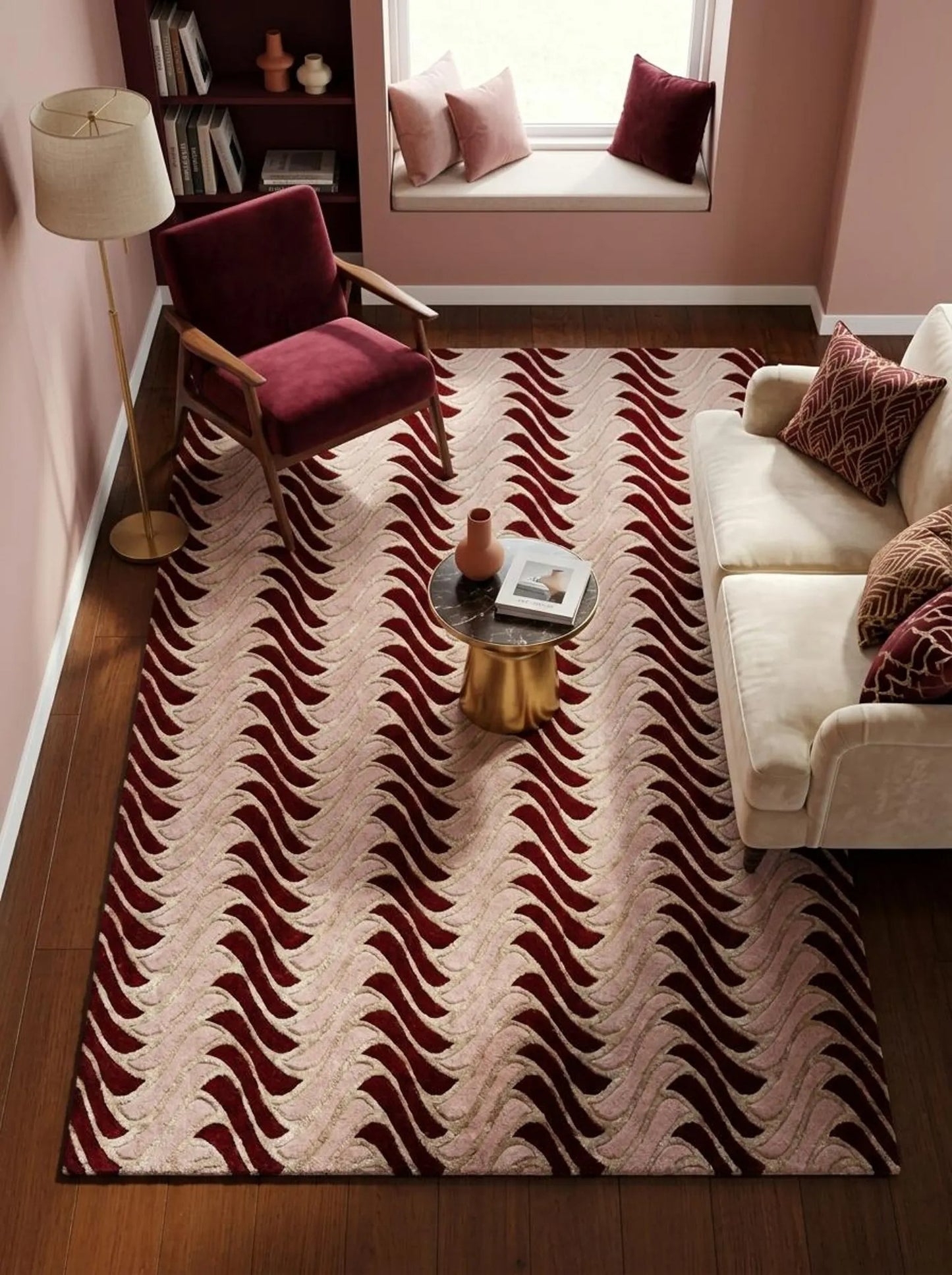 Dynamic Geometric Wool Rug Undulating Chevron Pattern