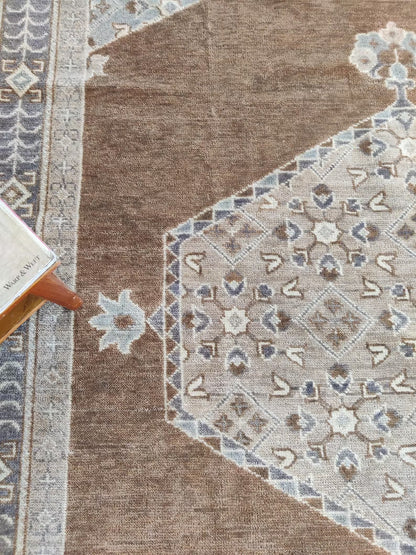Transitional Muted Brown and Sage Center Medallion Rug
