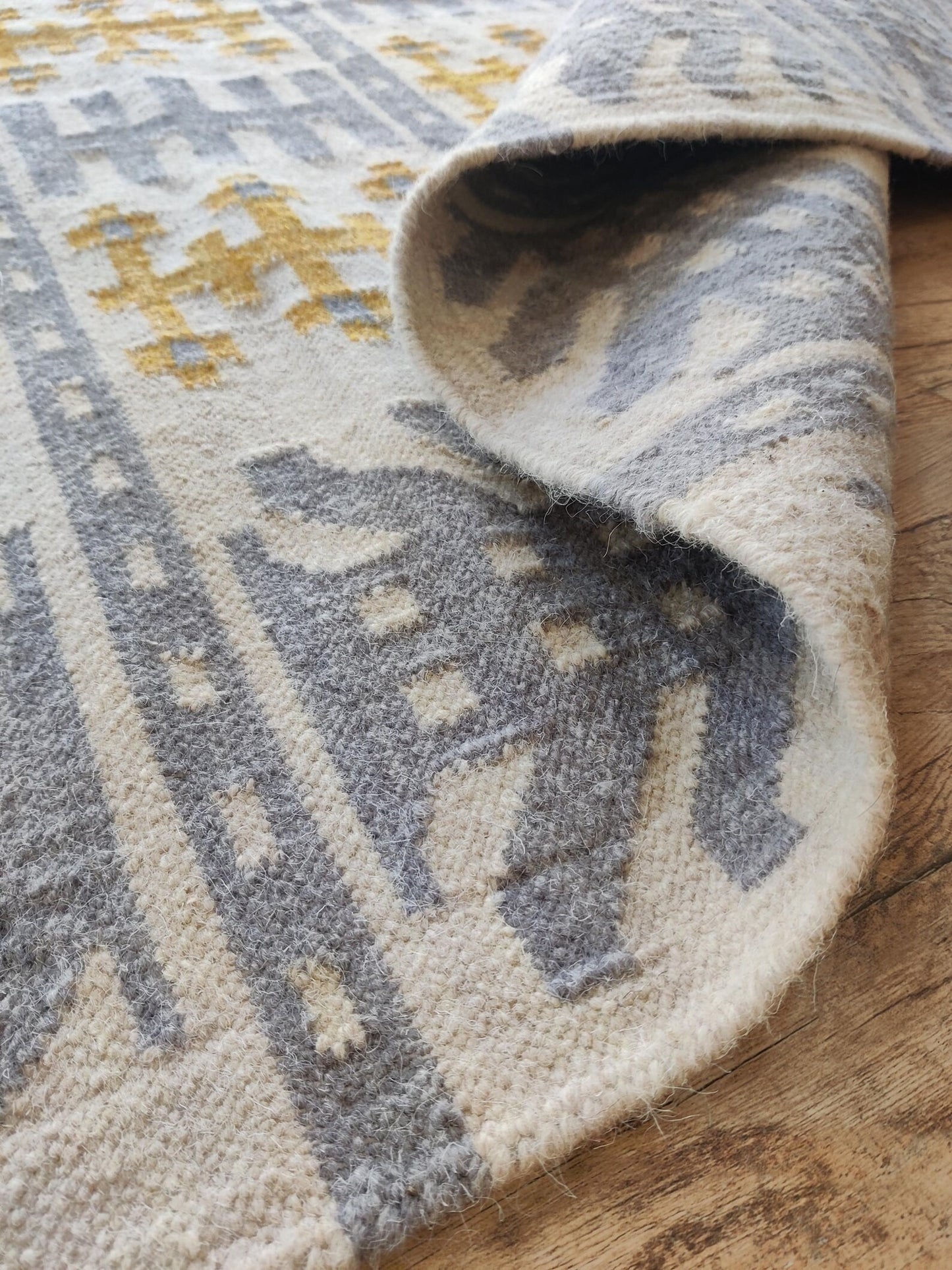 Nordic Totem Grid Modern Slate Blue & Mustard Wool Cotton Dhurrie Rug