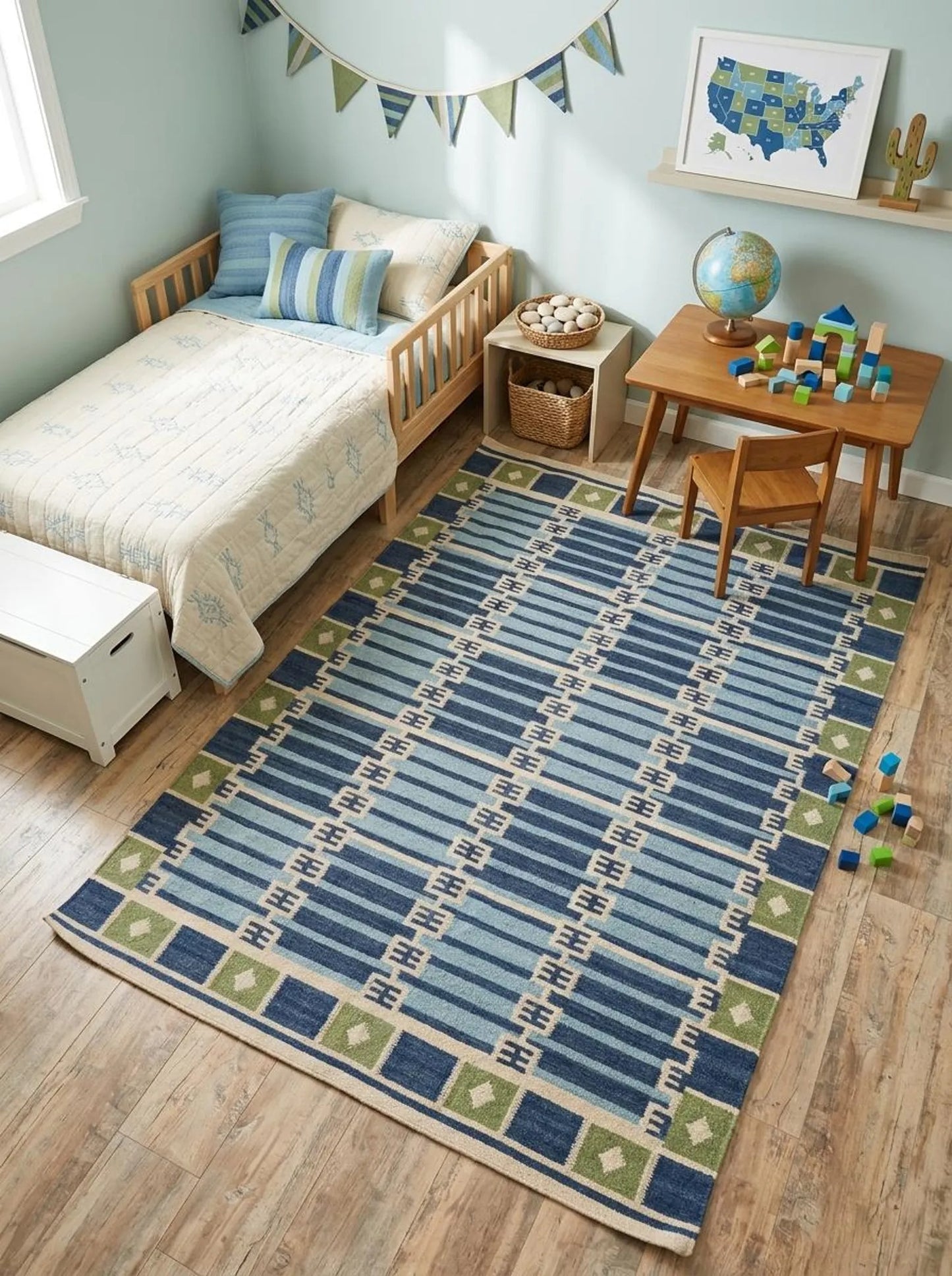 Caspian Tile Lattice Blue & Green Wool Cotton Dhurrie Rug