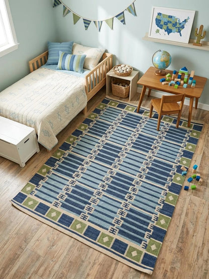 Caspian Tile Lattice Blue & Green Wool Cotton Dhurrie Rug