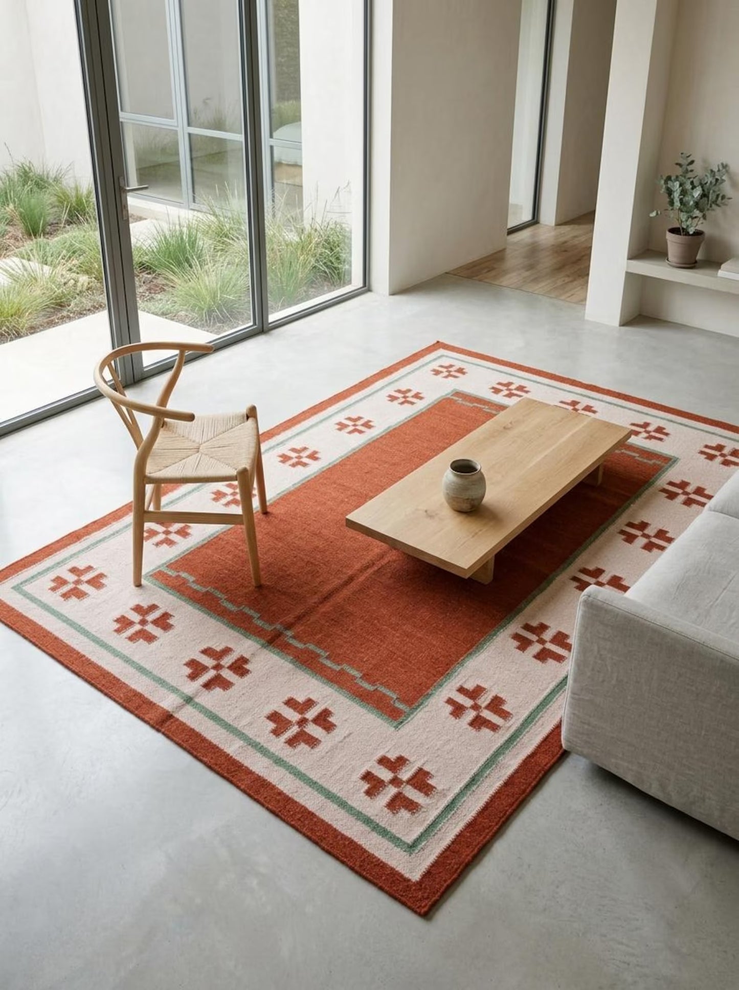 Terracotta Oasis Border Rust Red & Cream Wool Cotton Dhurrie Rug