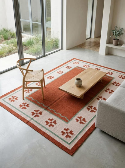 Terracotta Oasis Border Rust Red & Cream Wool Cotton Dhurrie Rug