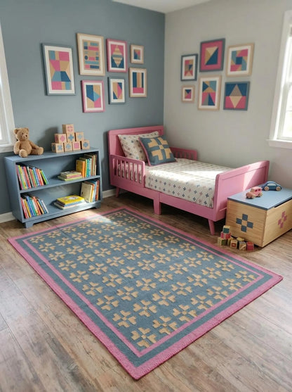 Slate Cross & Rose Border Modern Blue & Pink Wool Cotton Dhurrie Rug