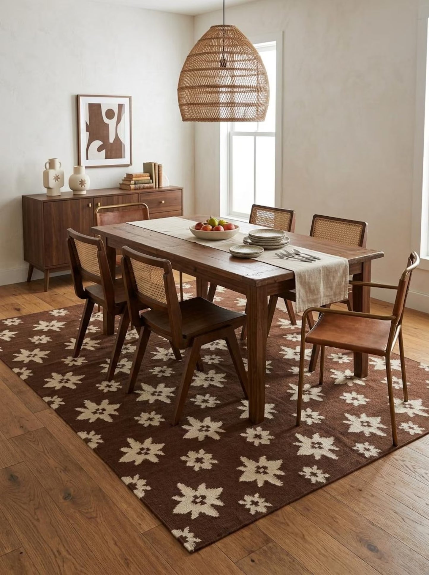 Chestnut Starburst Blossom Earthy Brown & Cream Wool Cotton Dhurrie Rug