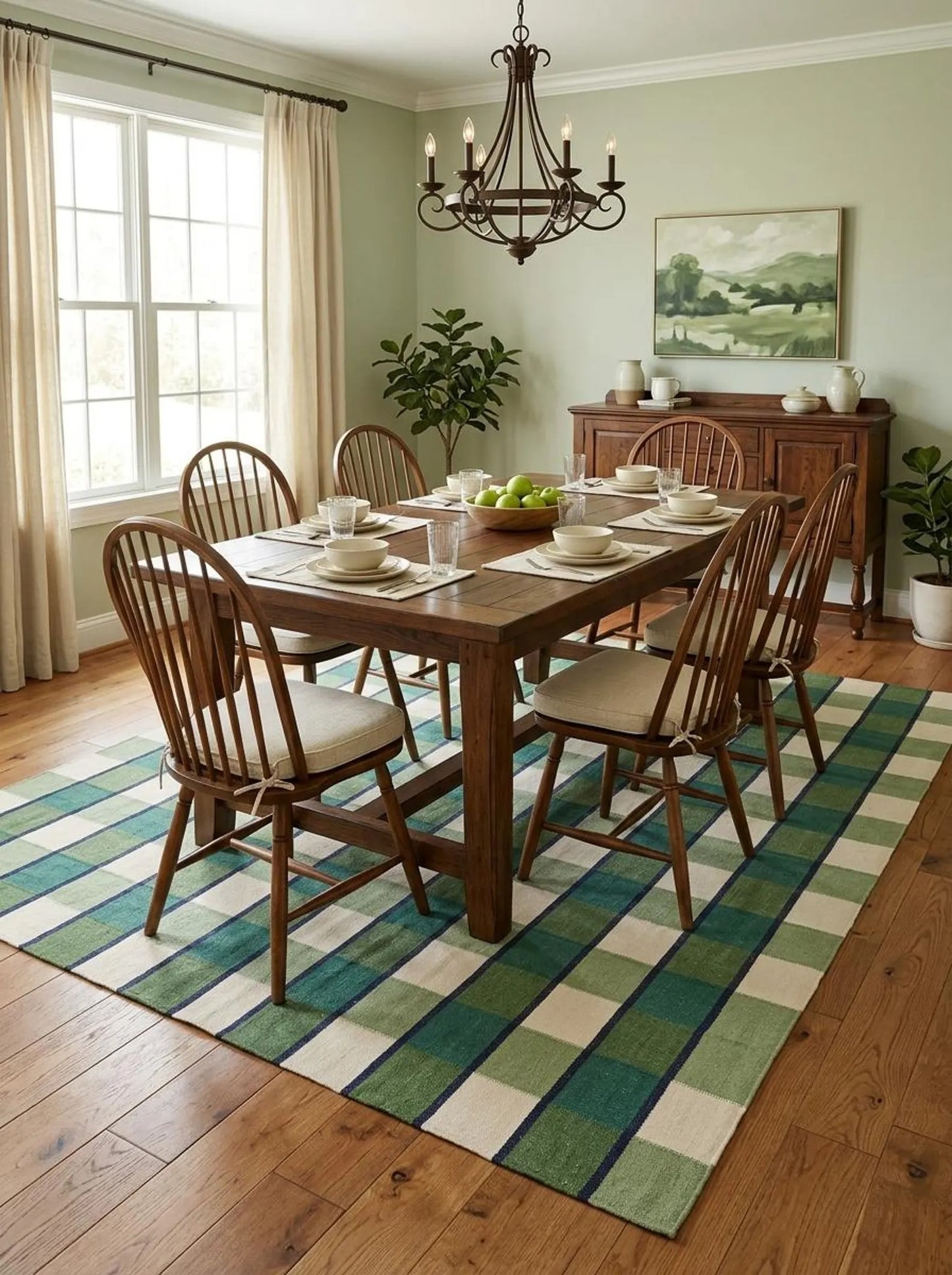 Forest Gingham Plaid Green Checkered Wool Cotton Dhurrie Rug