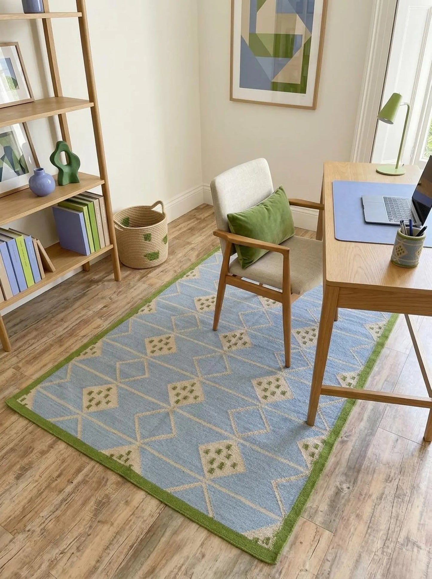 Azure Diamond Lattice Modern Powder Blue & Green Wool Cotton Dhurrie Rug