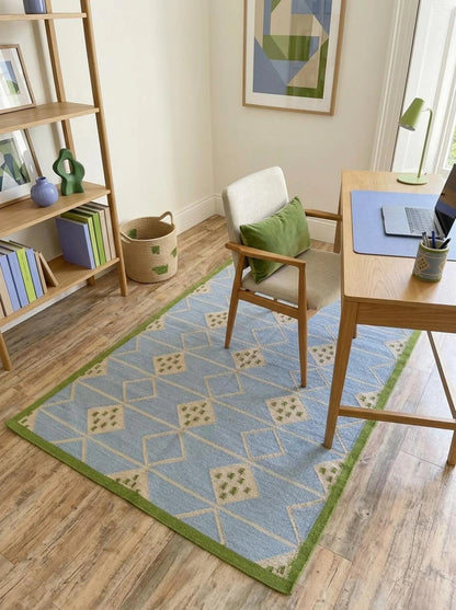 Azure Diamond Lattice Modern Powder Blue & Green Wool Cotton Dhurrie Rug