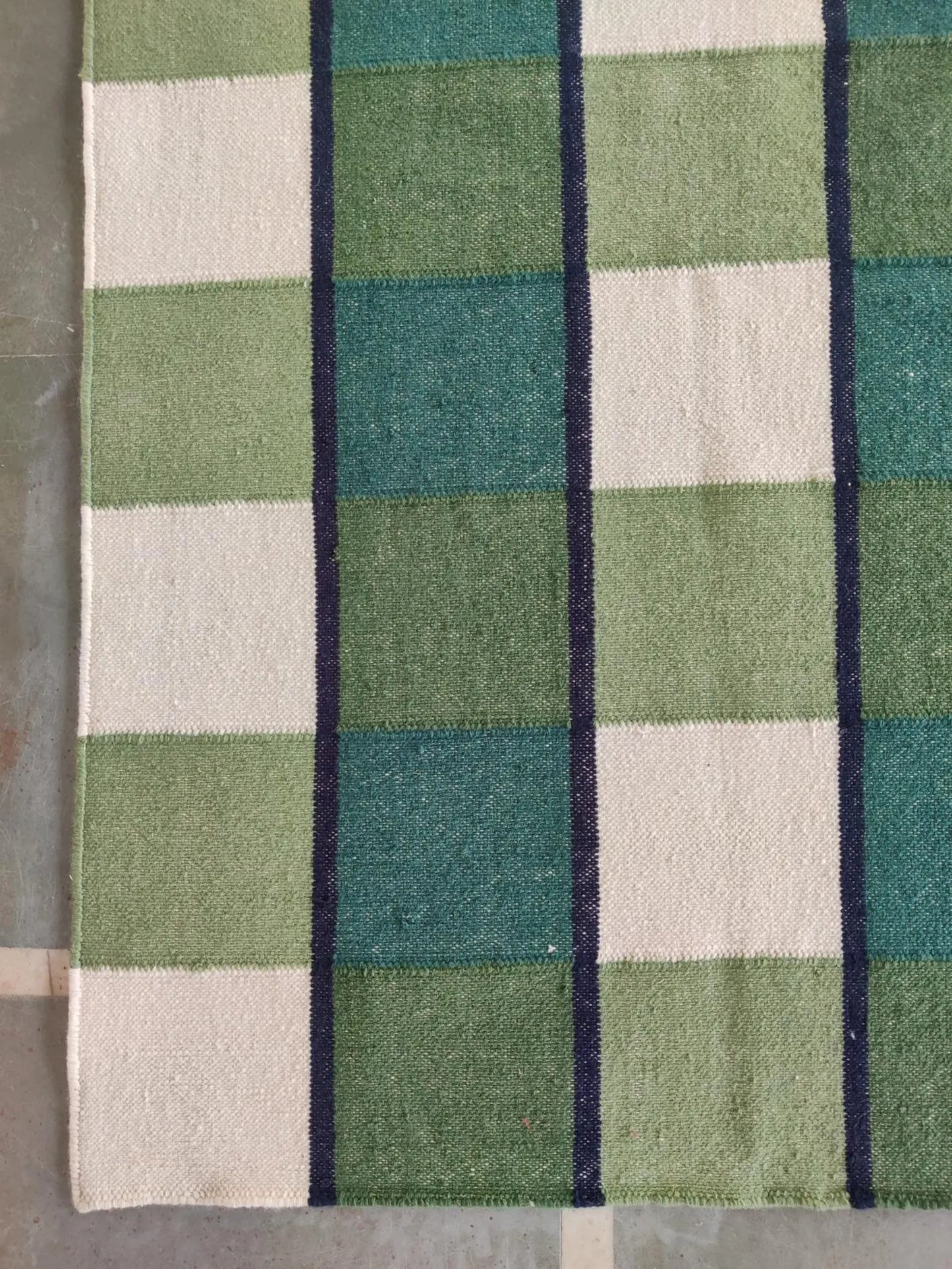 Forest Gingham Plaid Green Checkered Wool Cotton Dhurrie Rug