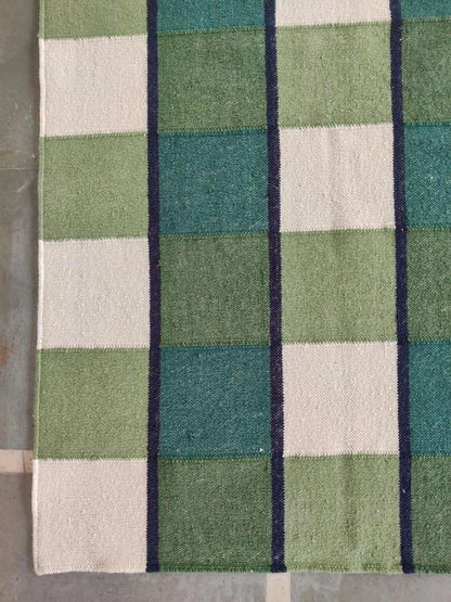 Forest Gingham Plaid Green Checkered Wool Cotton Dhurrie Rug