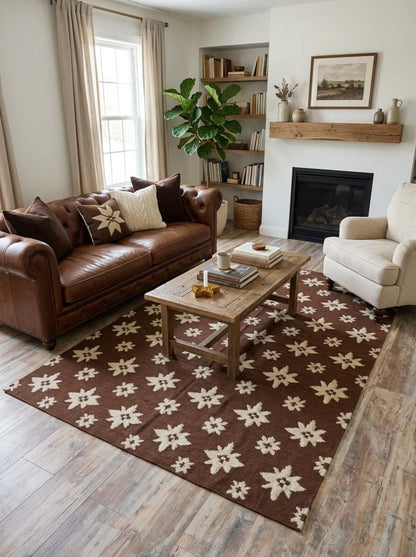 Chestnut Starburst Blossom Earthy Brown & Cream Wool Cotton Dhurrie Rug