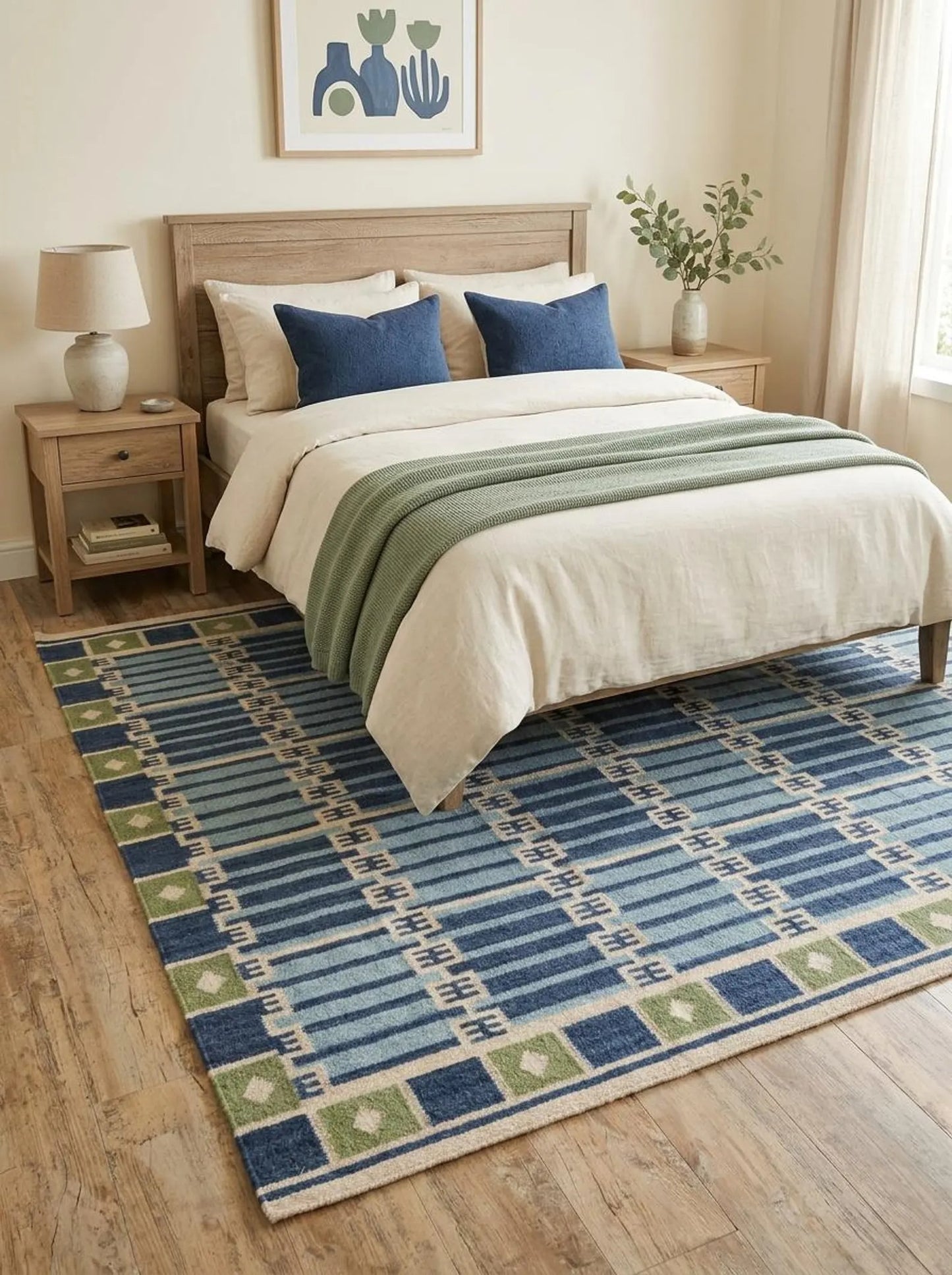 Caspian Tile Lattice Blue & Green Wool Cotton Dhurrie Rug