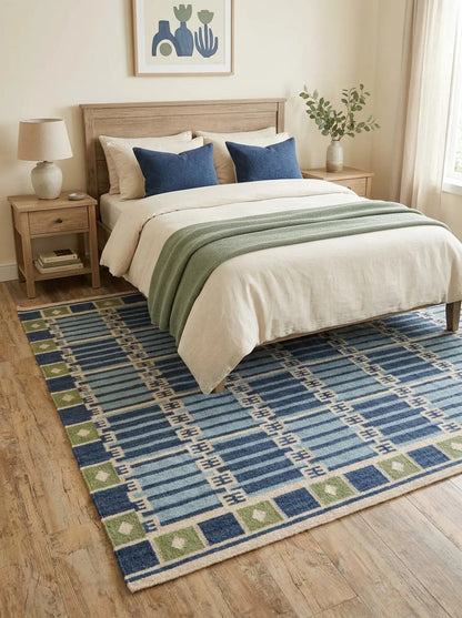Caspian Tile Lattice Blue & Green Wool Cotton Dhurrie Rug