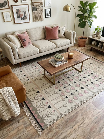 Pastel Tulip Meadow Modern Pink & Grey Botanical Wool Cotton Dhurrie Rug