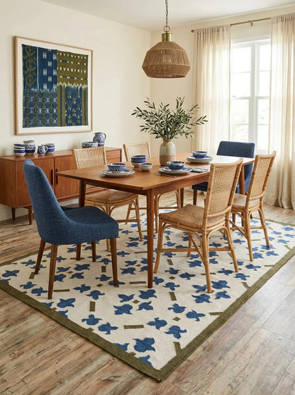 French Blue Fleur Classic Ivory Cream & Cobalt Blue Wool Cotton Dhurrie Rug