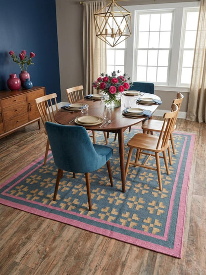 Slate Cross & Rose Border Modern Blue & Pink Wool Cotton Dhurrie Rug