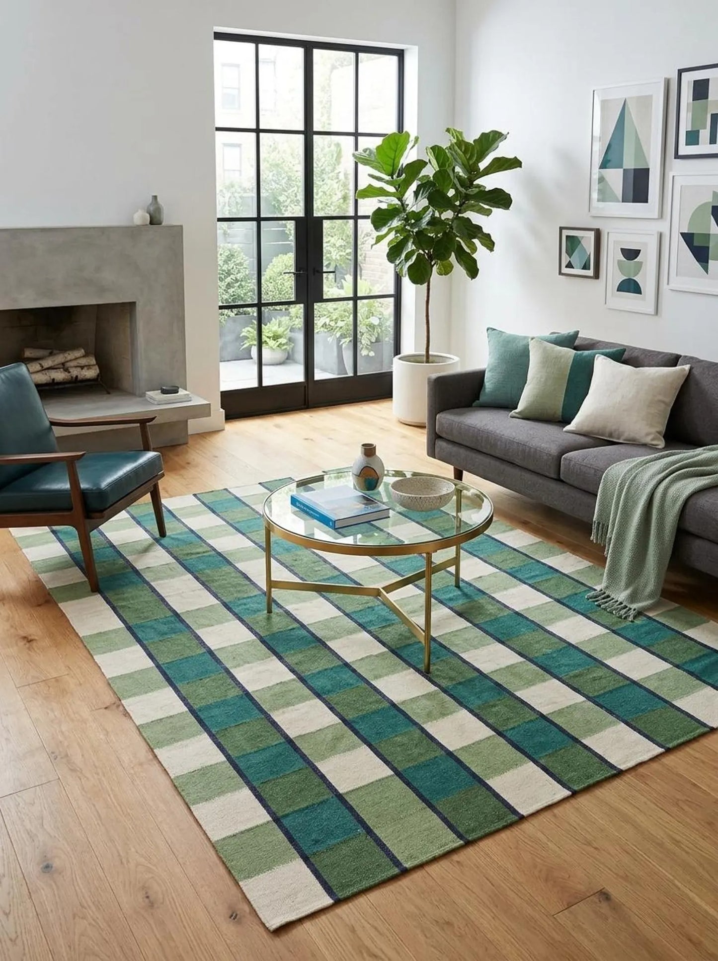 Forest Gingham Plaid Green Checkered Wool Cotton Dhurrie Rug
