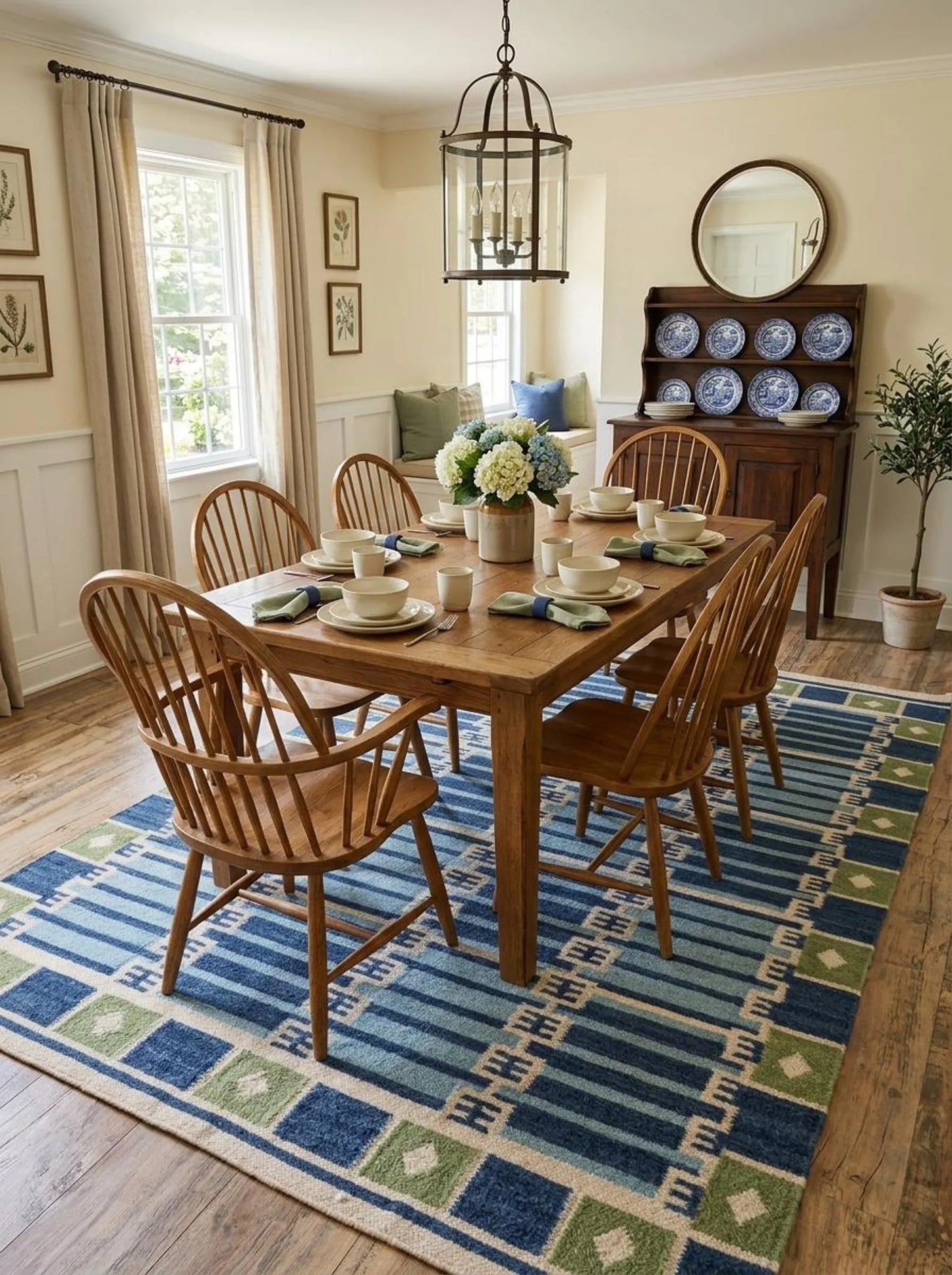 Caspian Tile Lattice Blue & Green Wool Cotton Dhurrie Rug