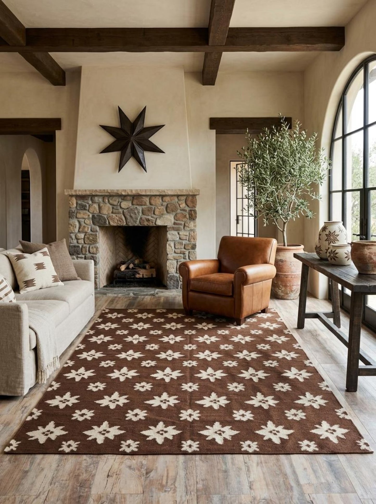 Chestnut Starburst Blossom Earthy Brown & Cream Wool Cotton Dhurrie Rug