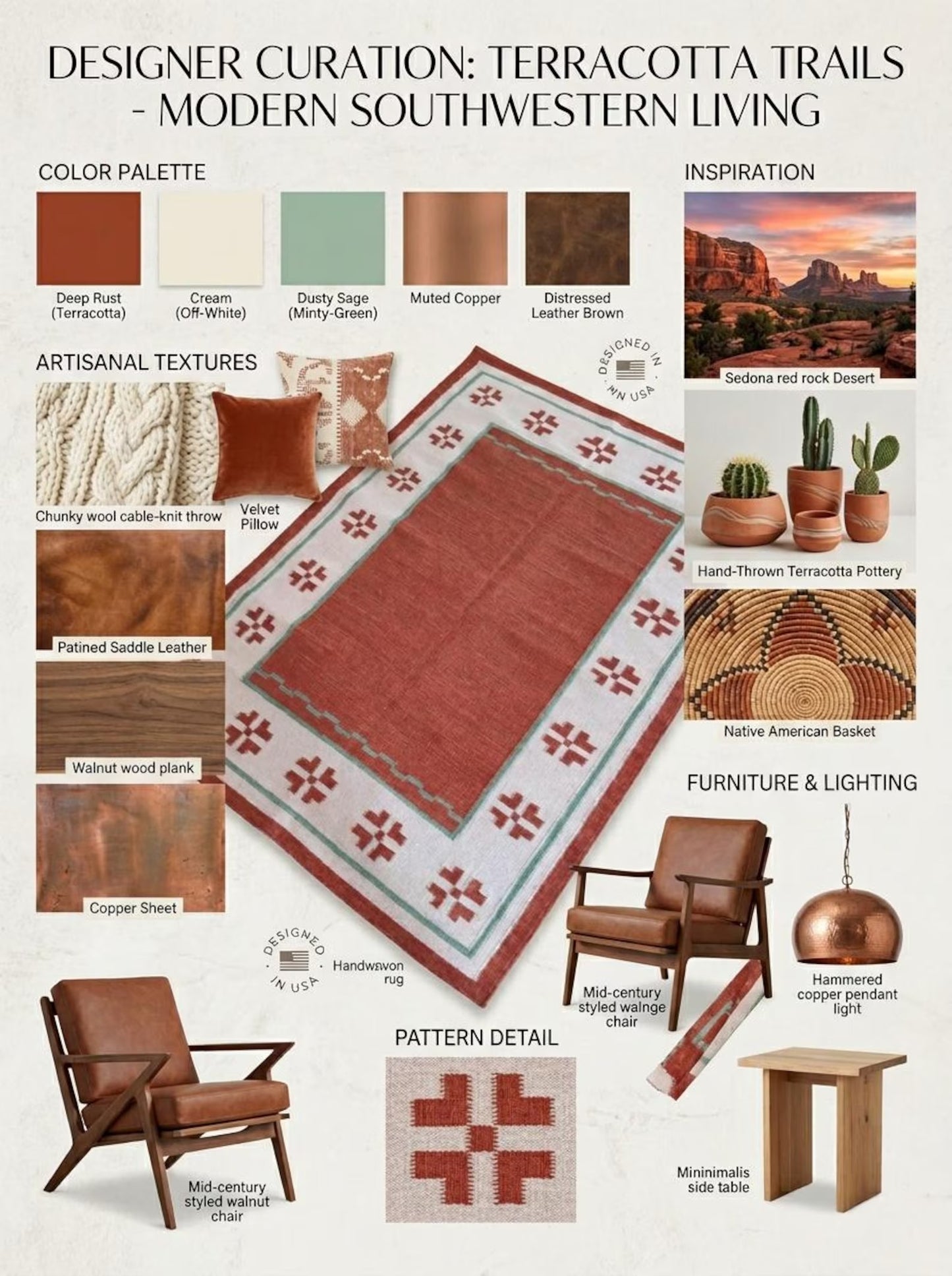 Terracotta Oasis Border Rust Red & Cream Wool Cotton Dhurrie Rug
