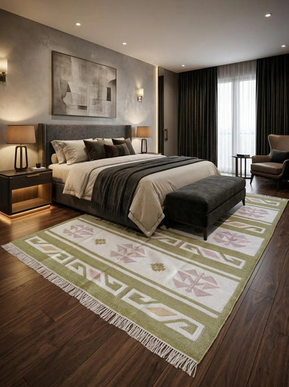 Moss Nordic Folkway Pastel Mauve & Olive Green Wool Cotton Dhurrie Rug