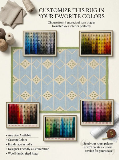 Azure Diamond Lattice Modern Powder Blue & Green Wool Cotton Dhurrie Rug