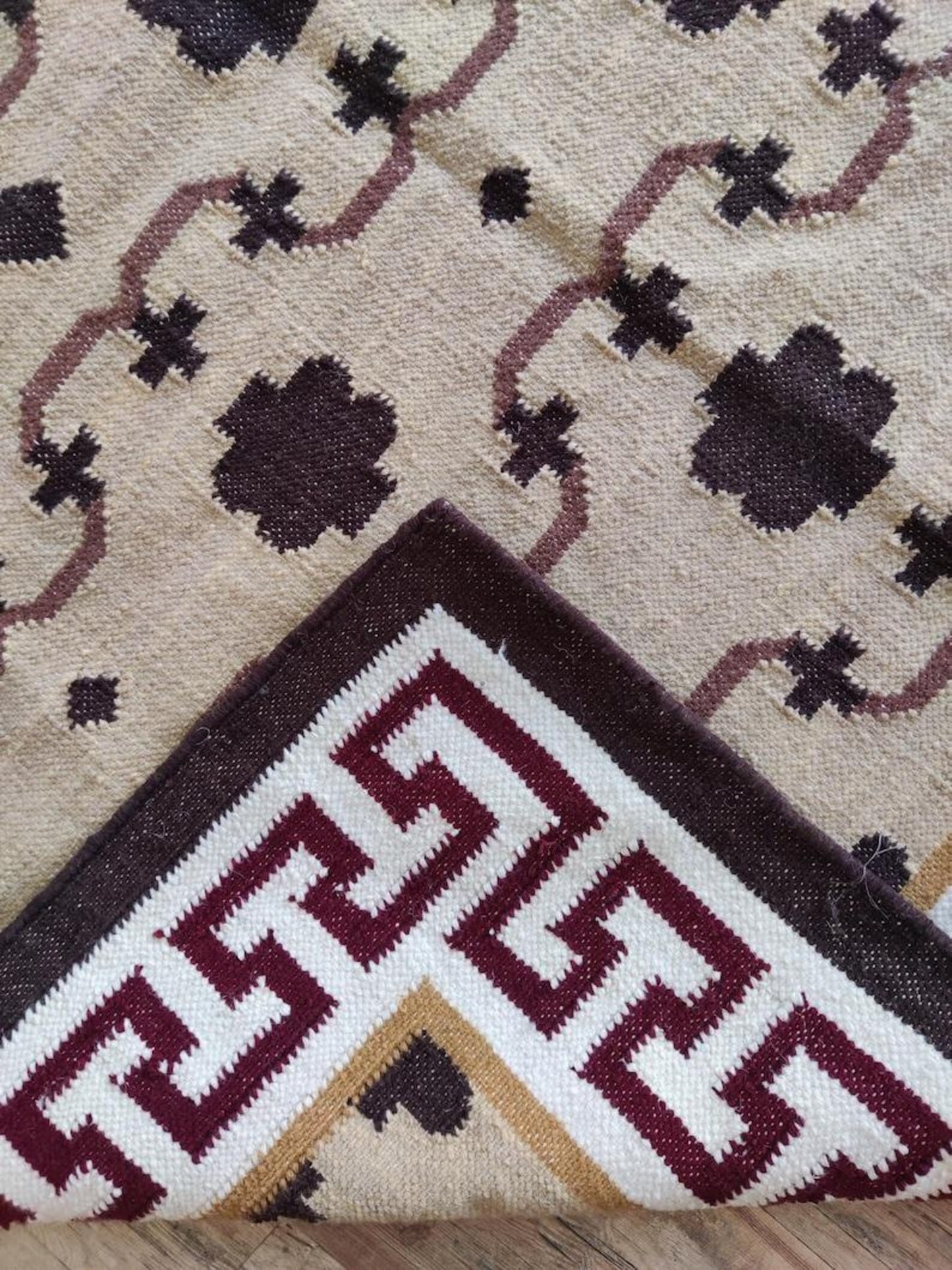 Crimson Greek Meander Premium Beige & Maroon Wool Cotton Dhurrie Rug
