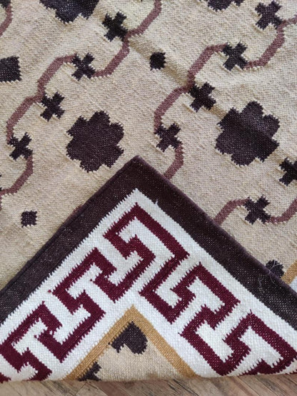 Crimson Greek Meander Premium Beige & Maroon Wool Cotton Dhurrie Rug