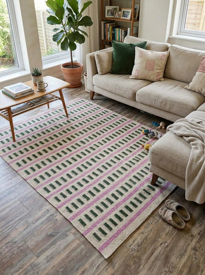 Nordic Candy Stripe Modern Pink & Moss Green Wool Cotton Dhurrie Rug