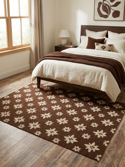 Chestnut Starburst Blossom Earthy Brown & Cream Wool Cotton Dhurrie Rug