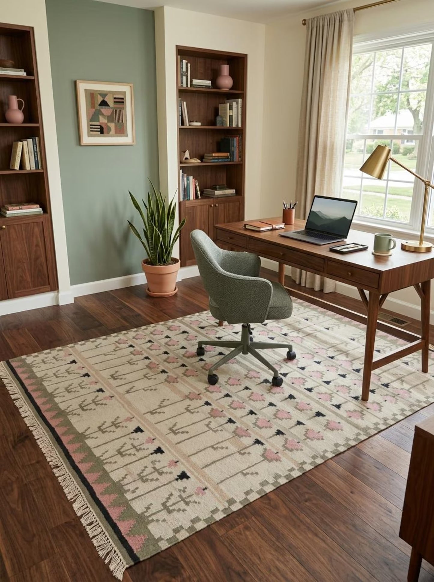 Pastel Tulip Meadow Modern Pink & Grey Botanical Wool Cotton Dhurrie Rug