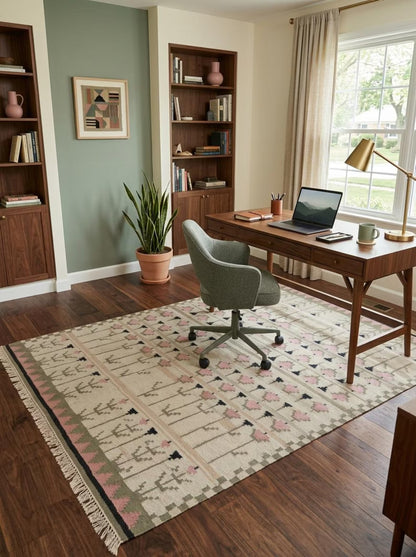 Pastel Tulip Meadow Modern Pink & Grey Botanical Wool Cotton Dhurrie Rug